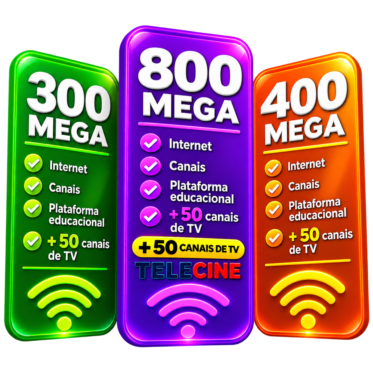 Planos Planet Fiber de 300, 400 e 800 Mega com internet, plataforma educacional e 50 canais de TV; o plano de 800 Mega também inclui Telecine